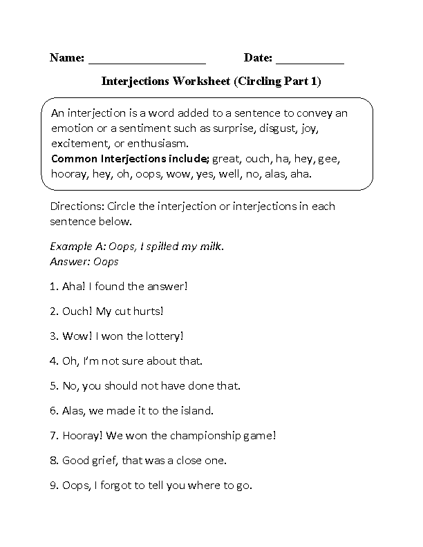 Interjections Worksheet