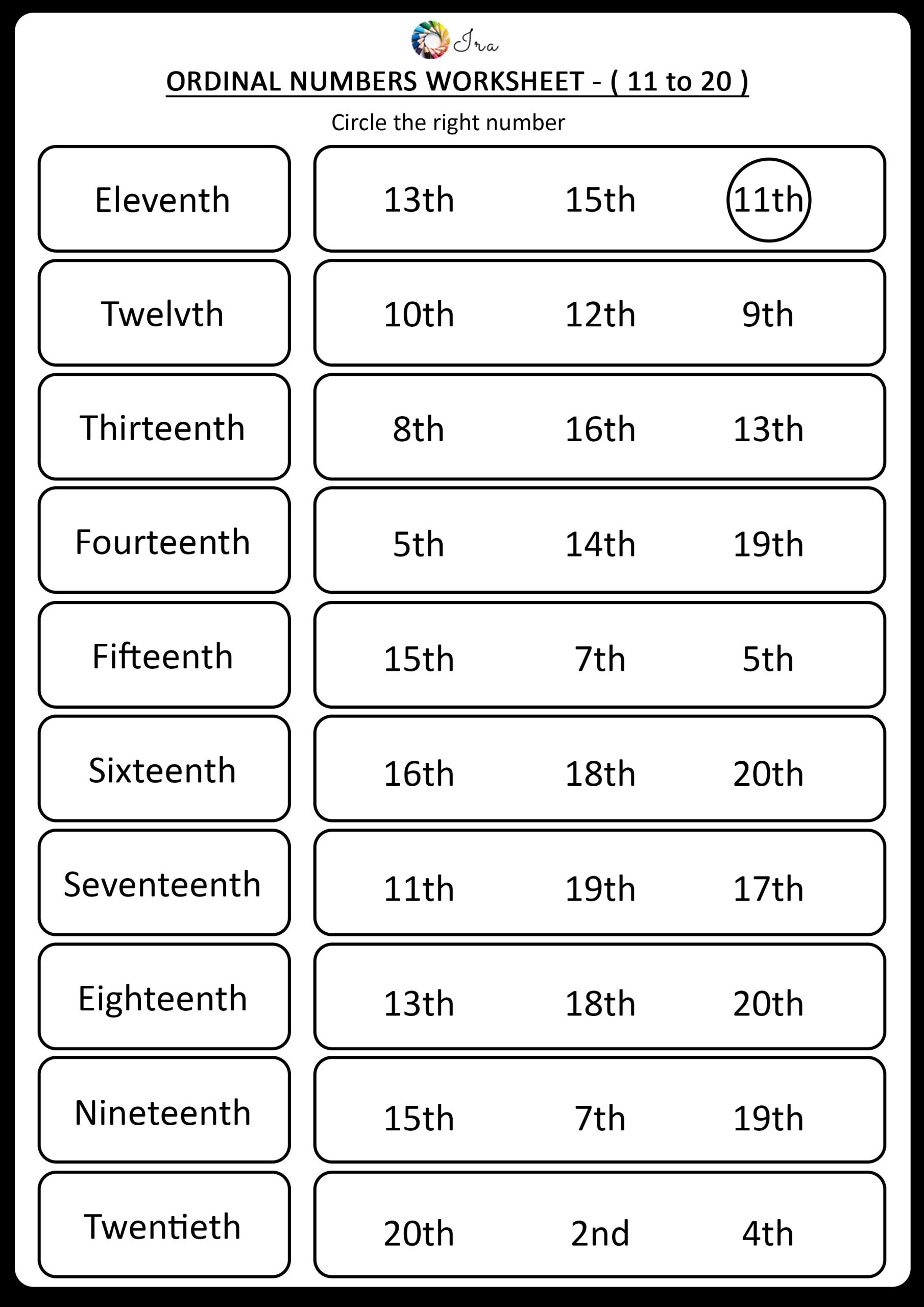 Ordinal Numbers Worksheet 1-20