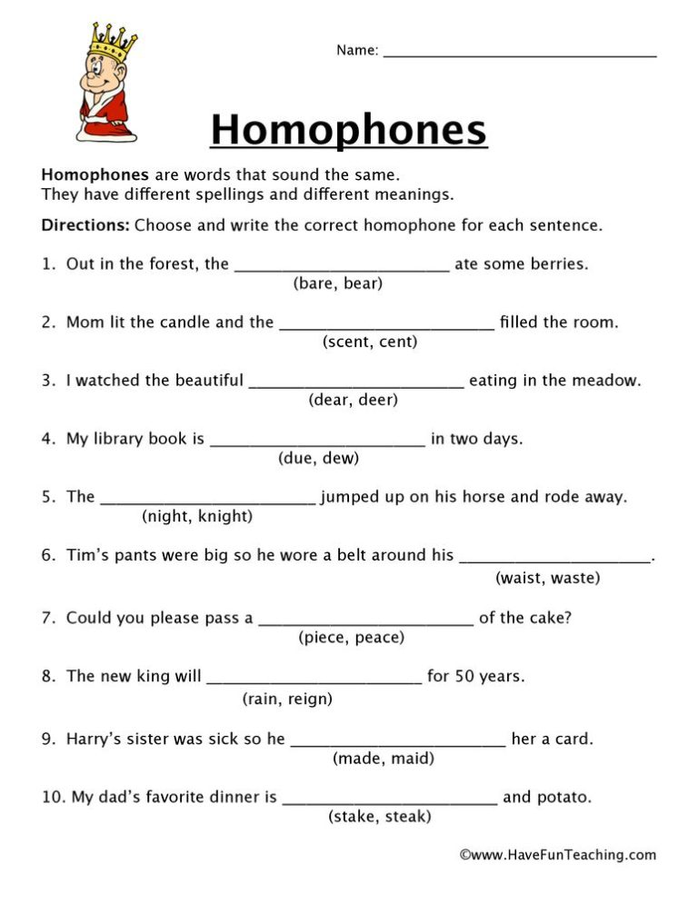 Homophones Worksheet