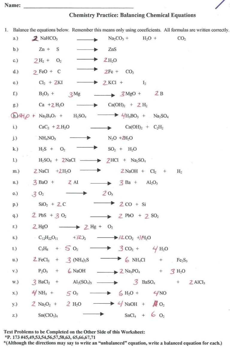 Balancing Equations Worksheet