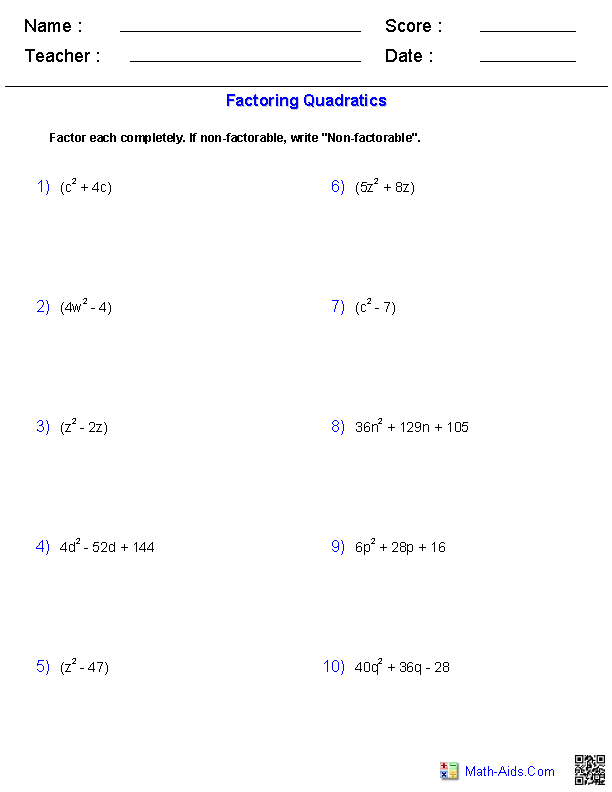 Quadratic Equation Worksheet