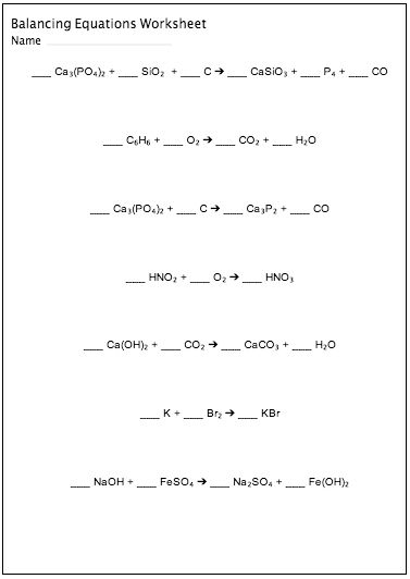 Chemical Reactions Worksheet