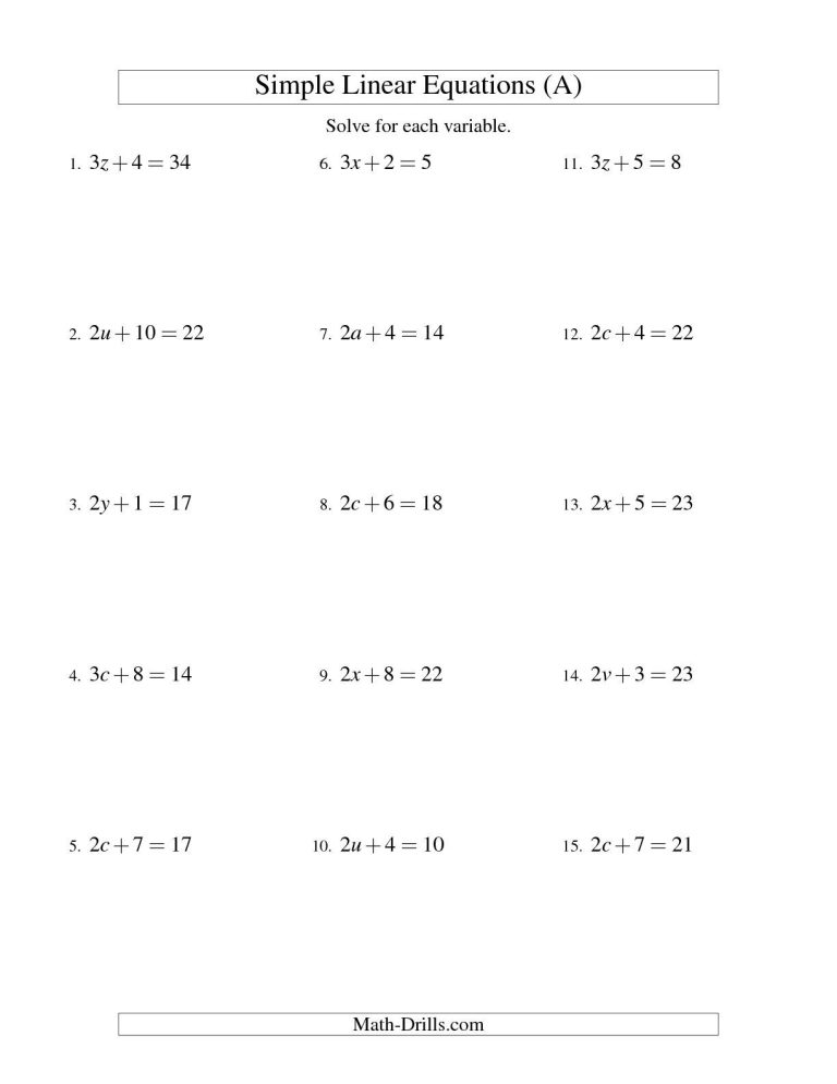 Linear Equations Worksheet 7th Grade