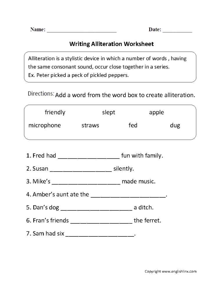 Alliteration Worksheets