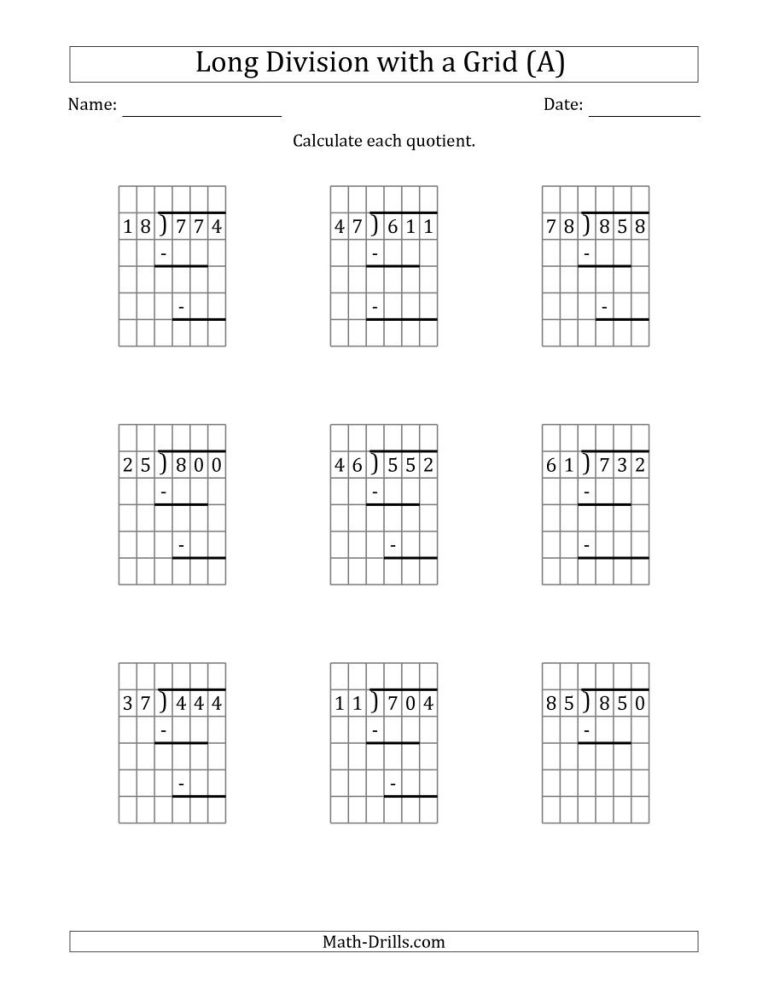 Long Division Worksheets With Grid Pdf