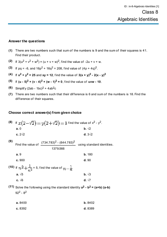 Grade 8 Math Worksheets