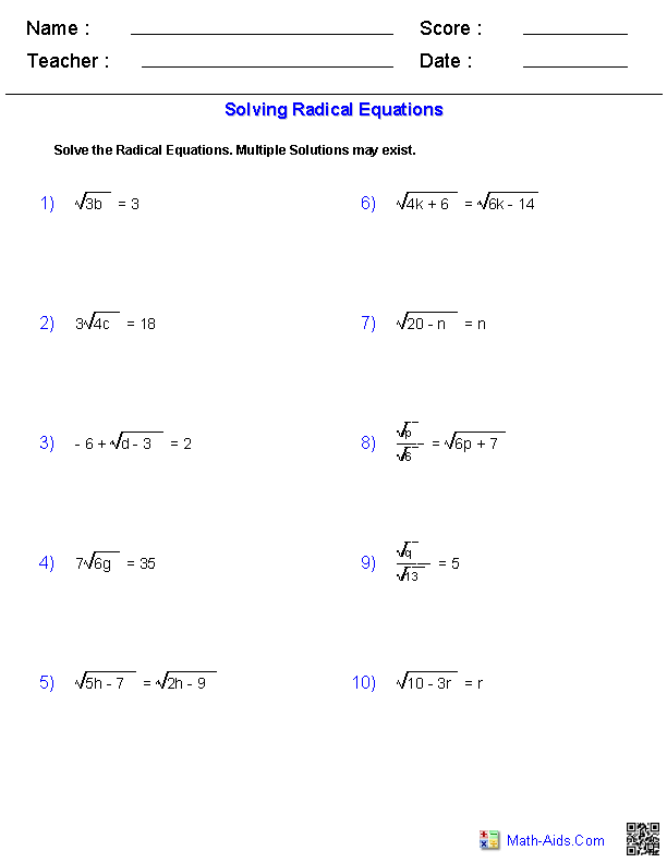 Radical Equations Worksheet