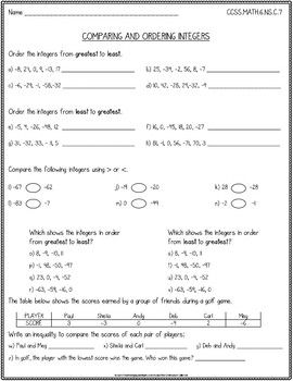 Integers Worksheet Grade 6