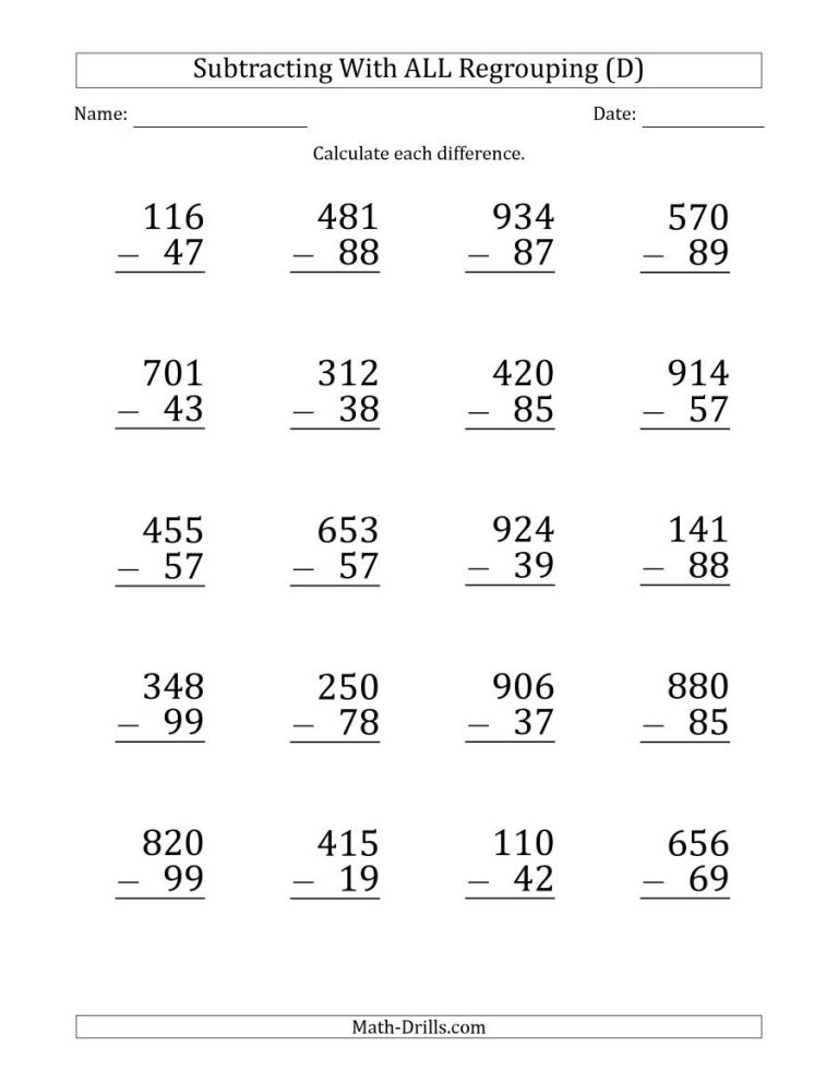 Subtraction With Regrouping Worksheets