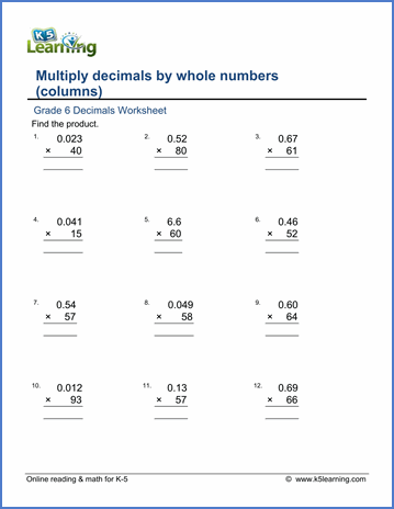 Multiplying Decimals Worksheets