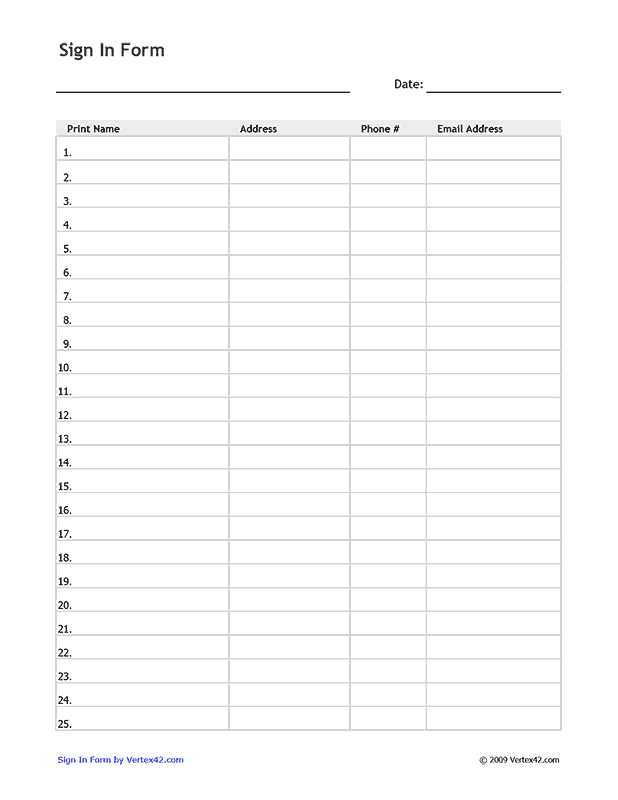 Printable Sign In Sheet