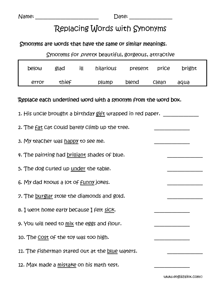 Synonyms Worksheet Grade 10