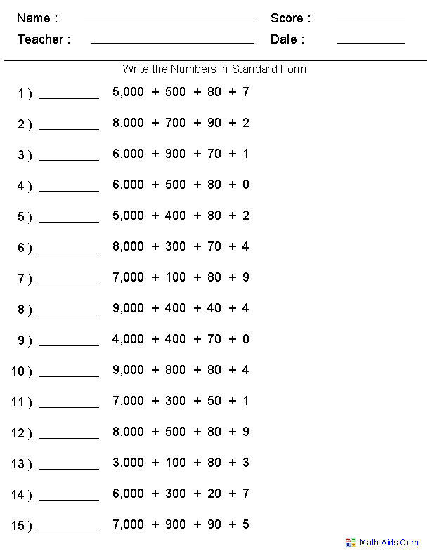 Standard Form Worksheet