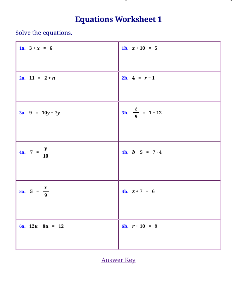 Linear Equations Worksheet Algebra