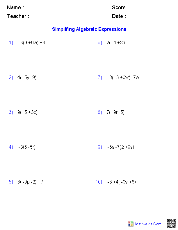 7th Grade Grade 7 Algebraic Expressions Worksheets