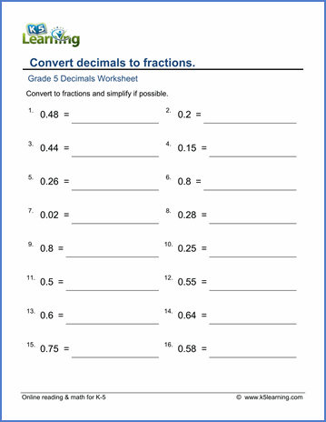 Fractions To Decimals Worksheet