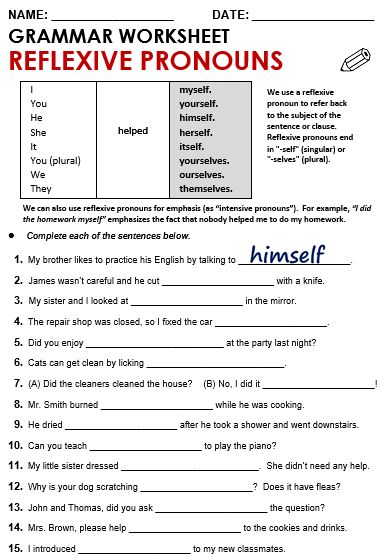 Reflexive Pronouns Worksheets With Answers Pdf