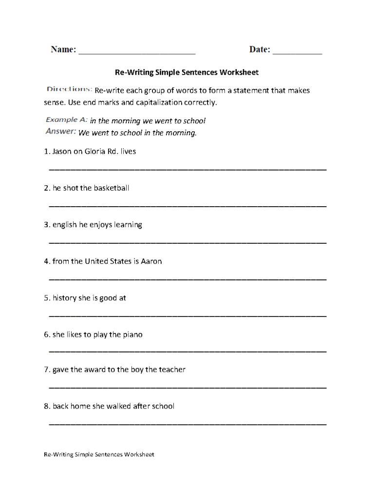 Simple Sentence Worksheet