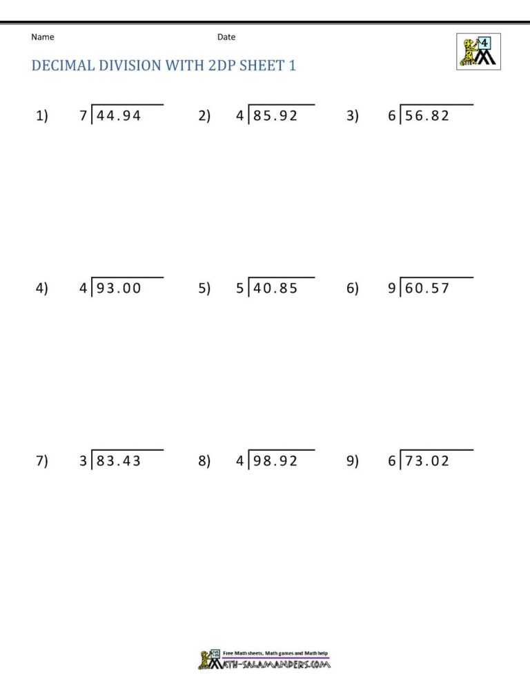 6th Grade Math Worksheets Division