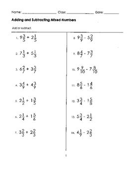 Subtracting Mixed Numbers Worksheet