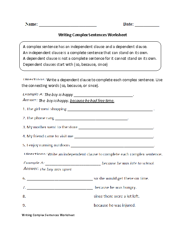 Complex Sentences Worksheet