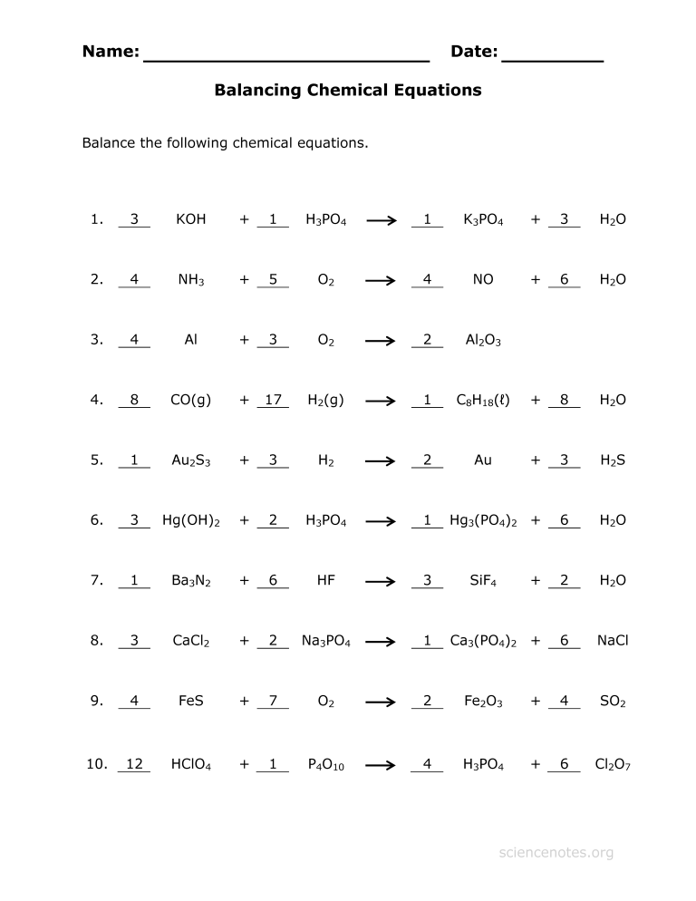 Balancing Chemical Equations Questions