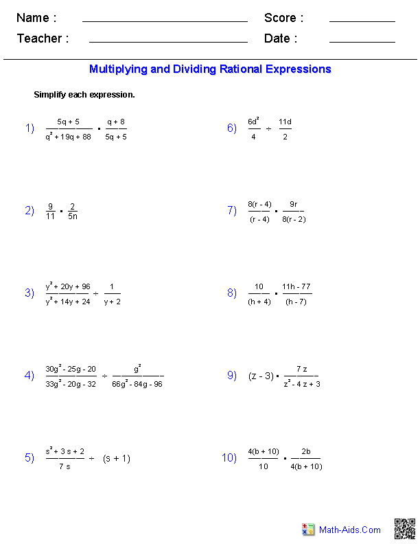 Multiplying And Dividing Rational Expressions Worksheet