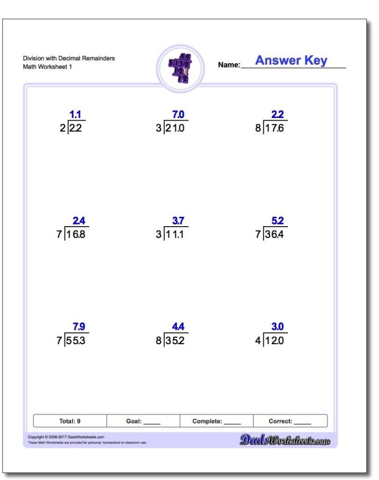 Long Division Problems With Decimal Answers