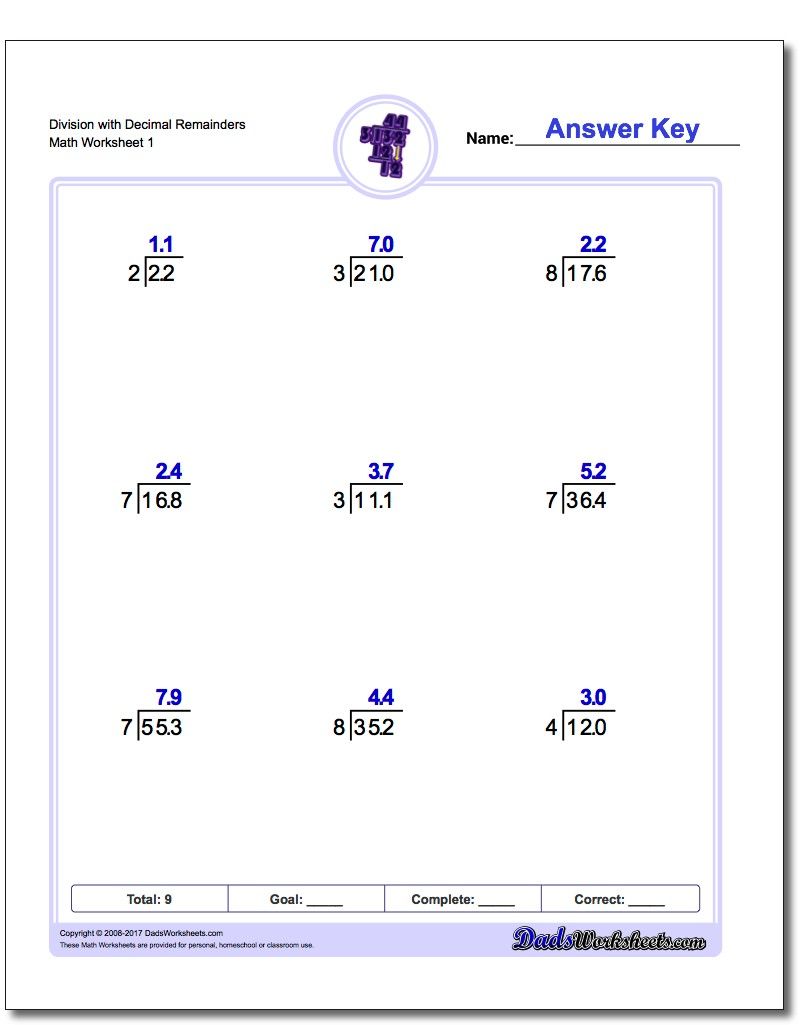 Long Division Problems With Decimal Answers