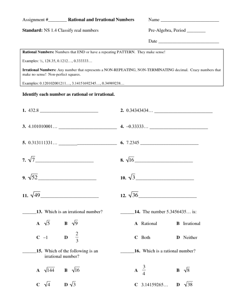 Rational And Irrational Numbers Worksheet Pdf Kuta