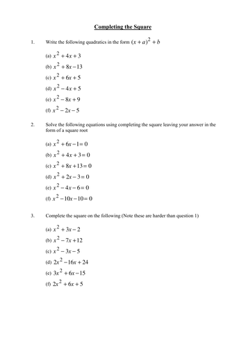 Completing The Square Worksheet Doc